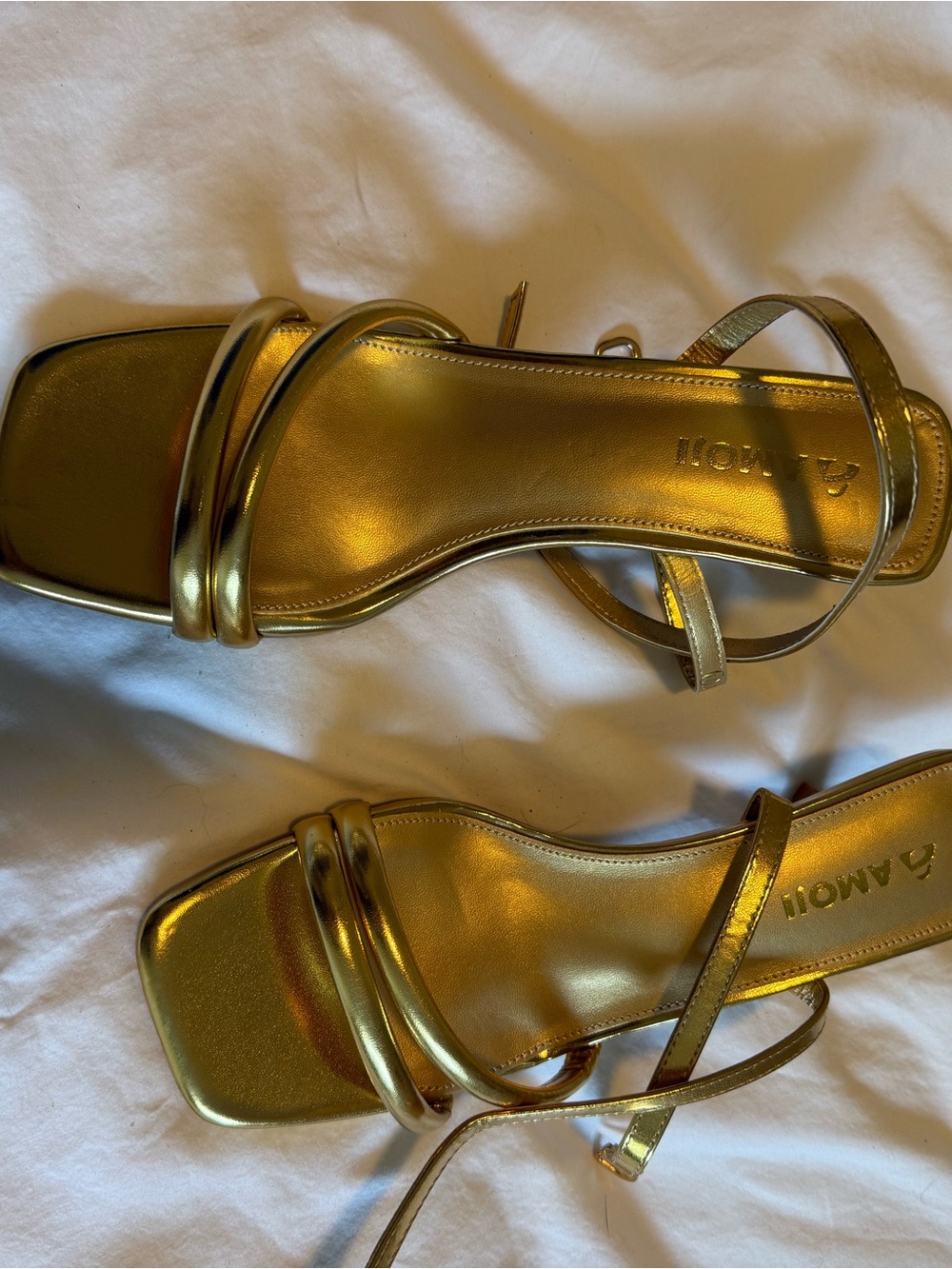 Gold Strappy Square-Toe Heeled Sandals